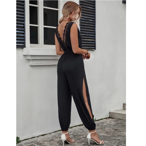 Backless Lace Detail Black Jumpsuit Tie Belted Sleeveless Long - Picture 6 of 7